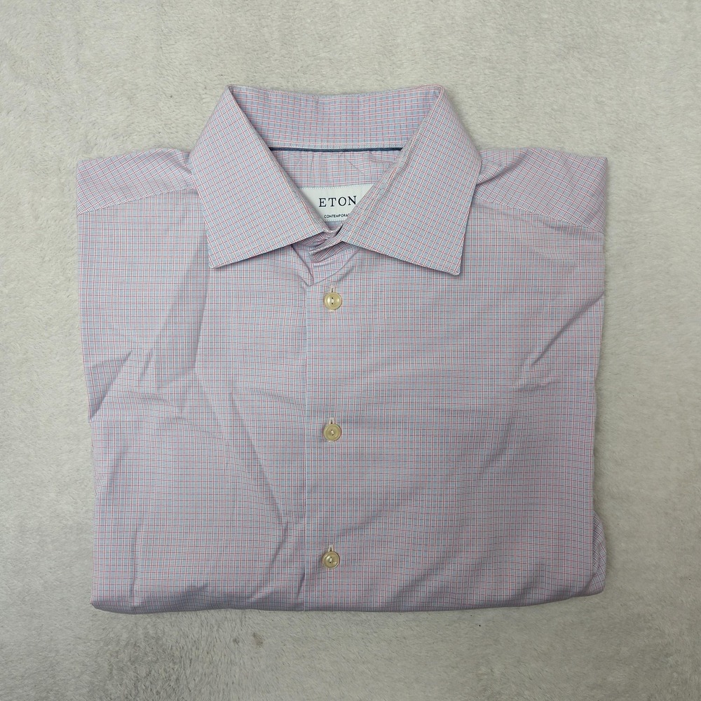Eton Shirt Mens 16 Blue Red Check Spread Collar Slim Dress Business Contemporary